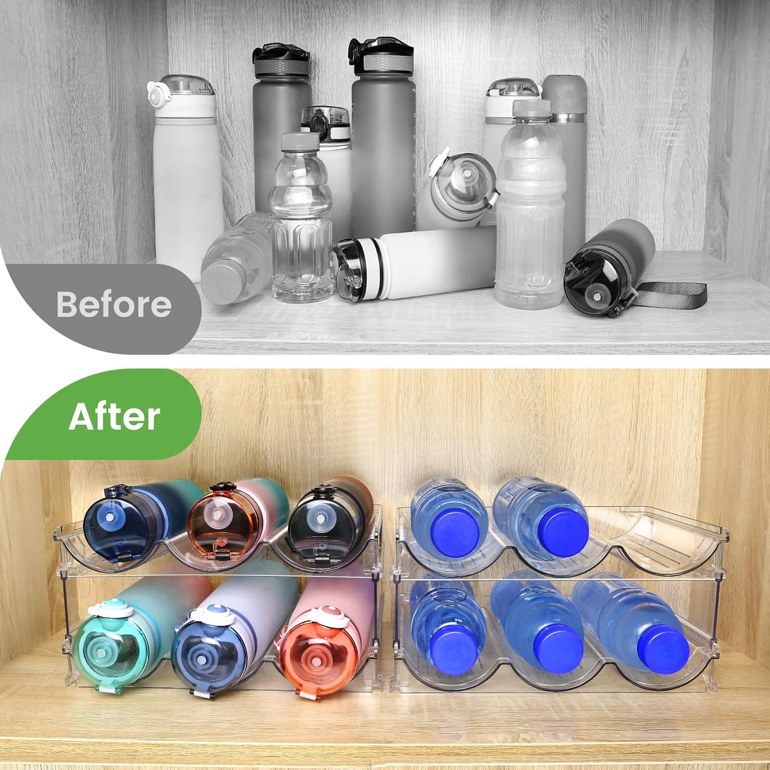 Stackable Water Bottle Organizer Set - 2 Pack for Effortless Cabinet Storage